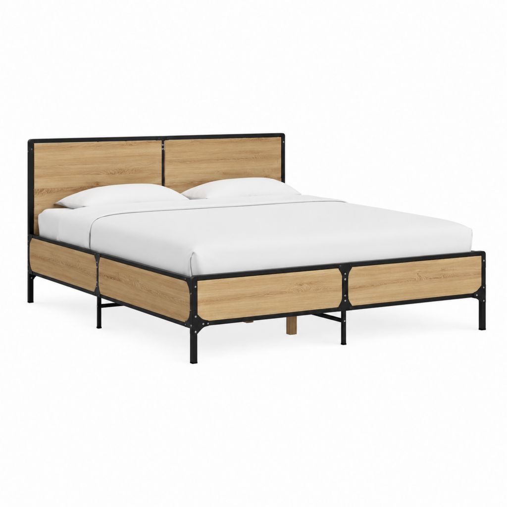 Doppelbett Bettgestell 160 x 200 cm Eichenoptik Schwarz aus Spanplatte und Stahl