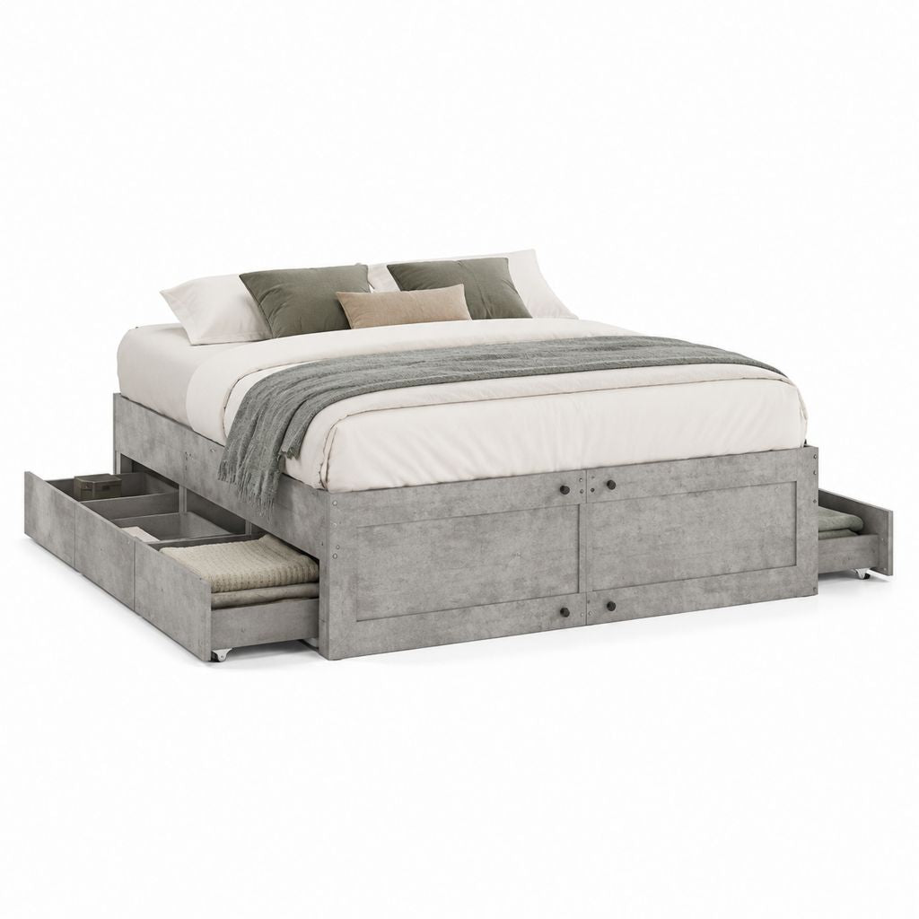 Stauraumbett Betonoptik aus MDF 160 x 200 cm mit Seitenauszügen und Frontfächern