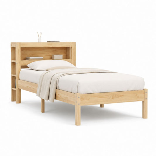 Einzelbett Bettgestell aus massivem Kiefernholz Natur 90 x 200 cm mit Regal-Kopfteil
