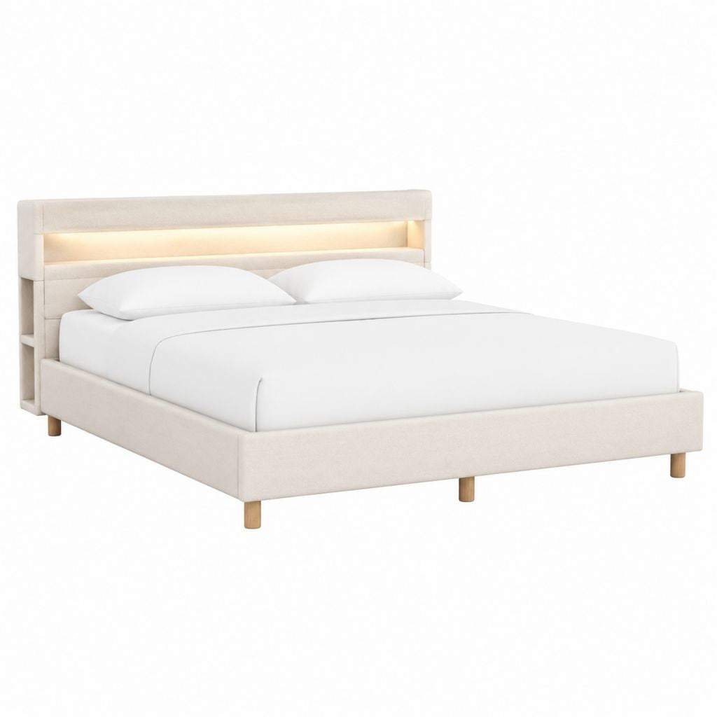 Polsterbett Doppelbett Creme Polyester rechteckig mit LED-Kopfteil 180 x 200 cm
