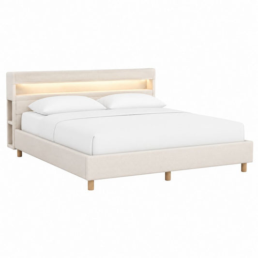 Polsterbett Doppelbett Creme Polyester rechteckig mit LED-Kopfteil 180 x 200 cm