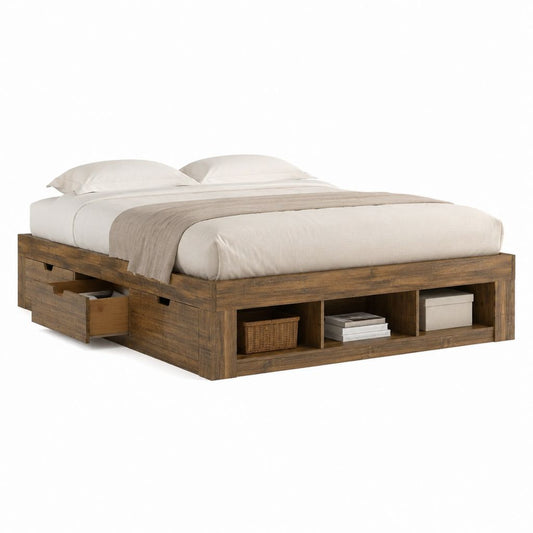 Stauraumbett Doppelbett Braun aus Akazien-Massivholz mit Schubladen und offenen Fächern 160 x 200 cm