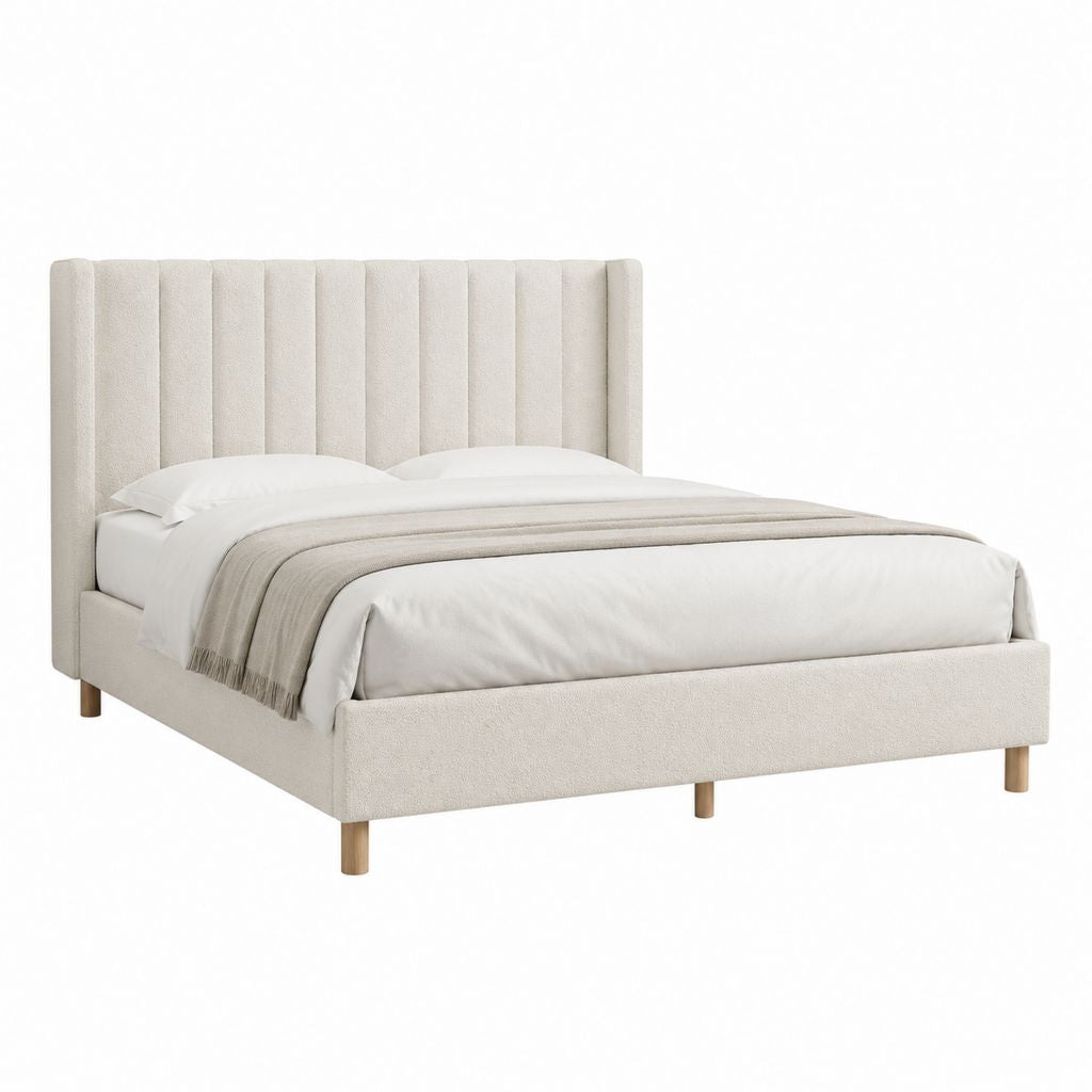 Polsterbett Doppelbett Creme Polyester mit vertikal gestepptem Kopfteil 160 x 200 cm