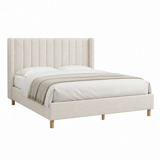 Polsterbett Doppelbett Creme Polyester mit vertikal gestepptem Kopfteil 160 x 200 cm