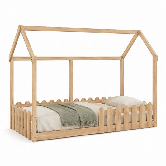 Kinder Hausbett aus massivem Kiefernholz Natur 90 x 200 cm